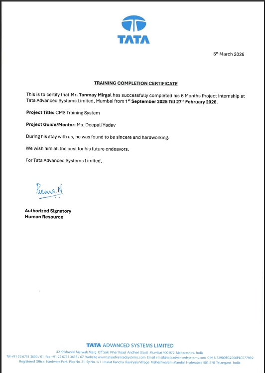 TATA ADVANCED SYSTEMS - INTERNSHIP CERTIFICATE
