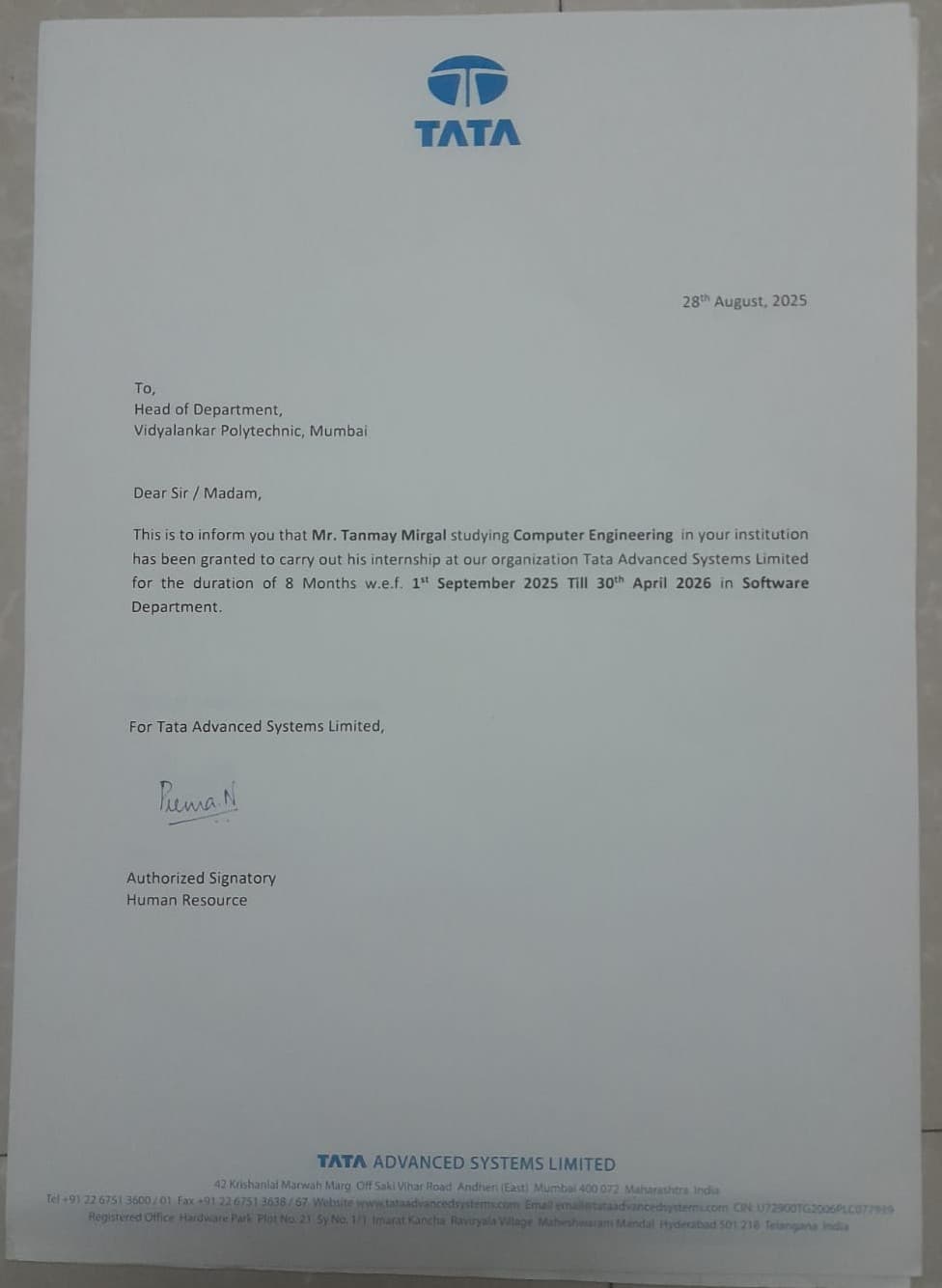 TATA ADVANCED SYSTEMS - OFFER LETTER